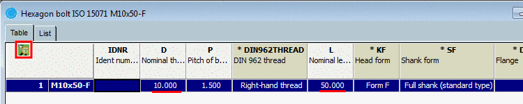 Part view in "Table" mode