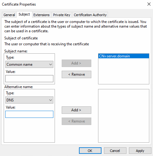 Propriétés du certificat > Demandeur