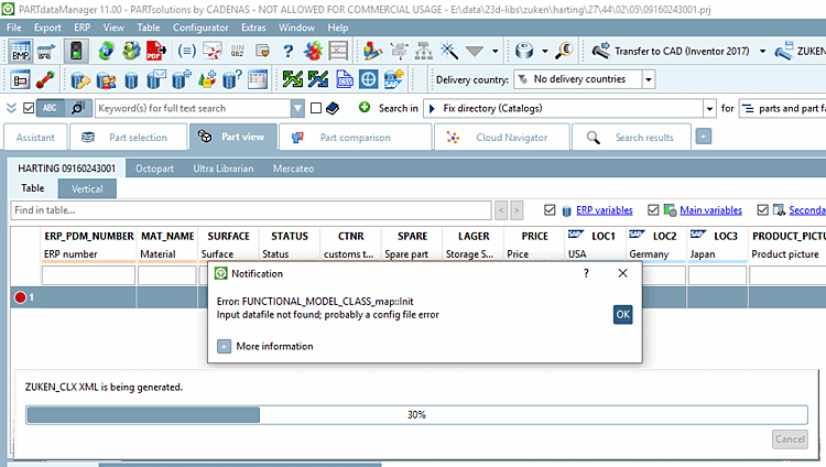 Message d'erreur correspondant lors de l'exportation de ZUKEN_CLX_XML, si les fichiers ci-dessus ne sont pas trouvés.