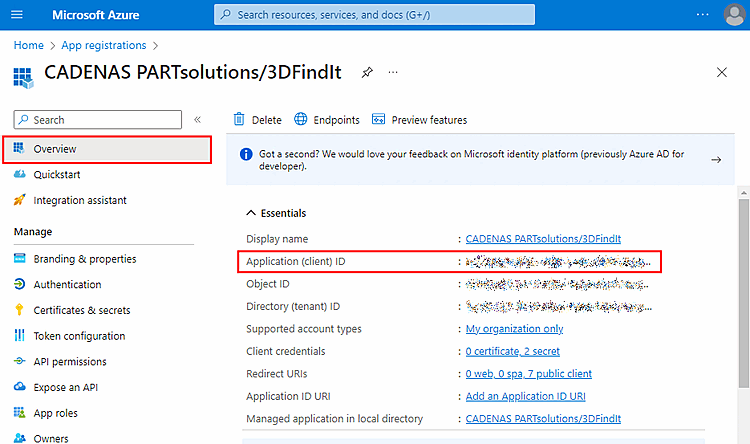 Microsoft Azure "Vue d'ensemble" -> ID de l'application (client)