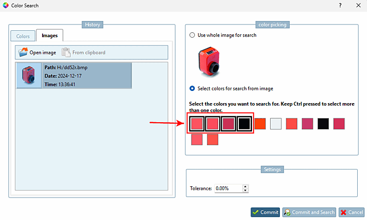 Quatre couleurs ont été sélectionnées en fonction du paramètre par défaut. Si nécessaire, vous pouvez adapter la valeur par défaut pour chaque recherche dans la boîte de dialogue "Recherche de couleurs [Color Search]". Vous pouvez également sélectionner l'option "Utiliser l'image entière pour la recherche [Use whole image for search]".