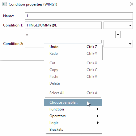 Menu contextuel dans le champ Condition 2