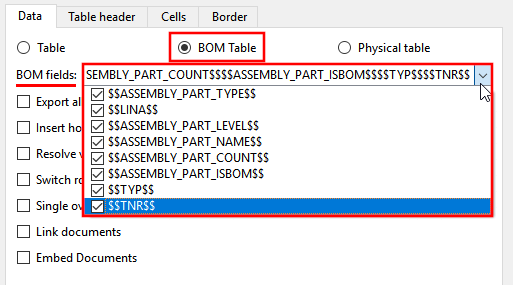 Exemple : tous les champs BOM [BOM fields] sont activés