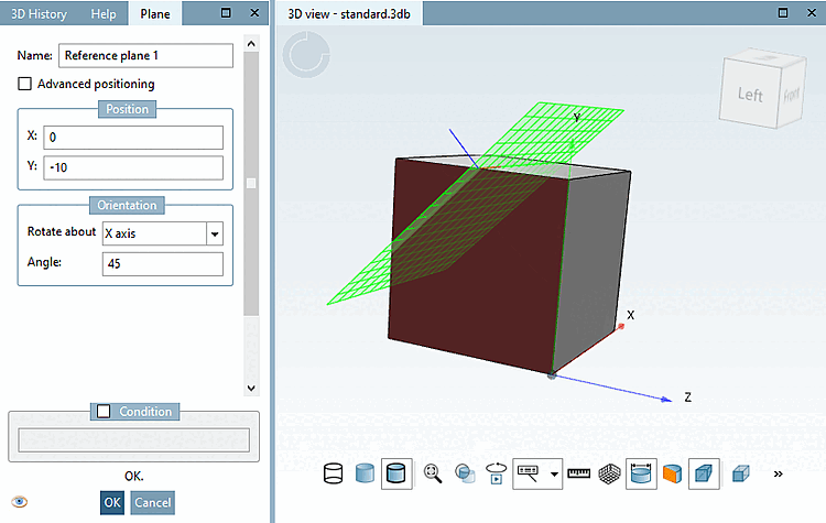 Exemple : Le plan de référence est déplacé dans la direction de l'axe Y (pas celui du système de coordonnées global, mais celui du COS sélectionné. [voir figure ci-dessus]) avec la valeur de "-10" et on le fait pivoter de 45° autour de l'axe X (pas celui du système de coordonnées global, mais celui du système sélectionné [voir figure ci-dessus]).