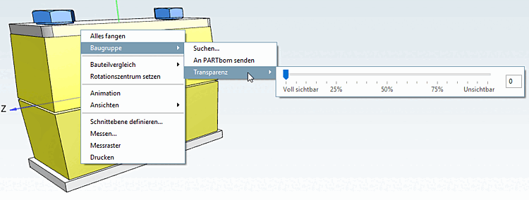 Menu contextuel : Assemblage [Assembly] - Vue 3D [3D view] - Sous-menu "Assemblage [Assembly]" -> "Transparence [Transparency]".