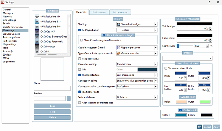 Outils [Extras] → Paramètres [Settings] → Vue 3D [3D view]
