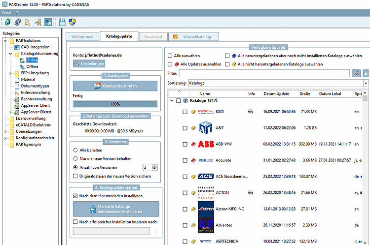 PARTadmin -> Mise à jour du catalogue [Catalog update] -> En ligne [Online]