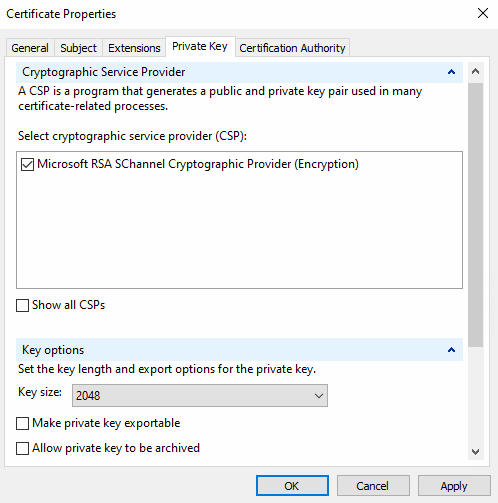 Propriétés du certificat > Clé privée
