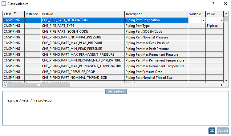 Exemple : classe "CNSPIPING" -> caractéristique "CNS_PIPE_PART_TYPE