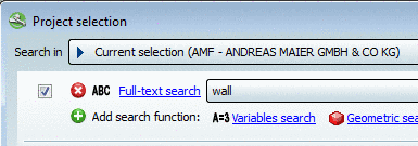 Current selection (AMF) - When "wall" is entered no proposals are displayed. Thereby you receive the information that you won't get any results with this search term.