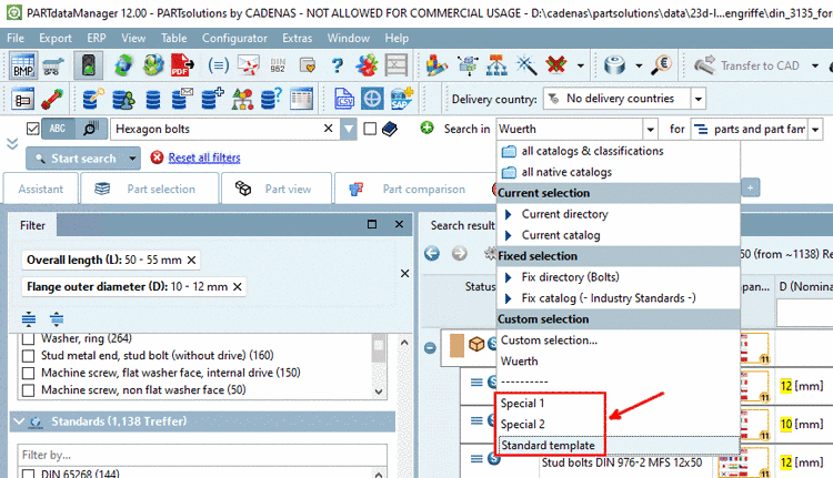 Saved templates / Standard template
