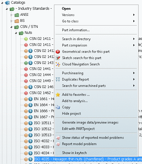 Exemplary context menu on project level: The displayed commands may vary on different levels