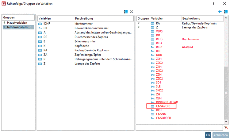 PARTproject -> tabbed page "General" -> Order/Groups of Variables