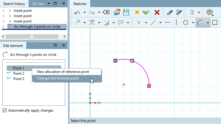 Arc through 3 points on circle -> Change into formula point
