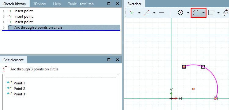Arc through 3 points on circle: Adjust parameters