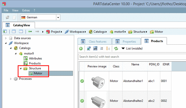 Example: Selection of the tabbed page "Products"