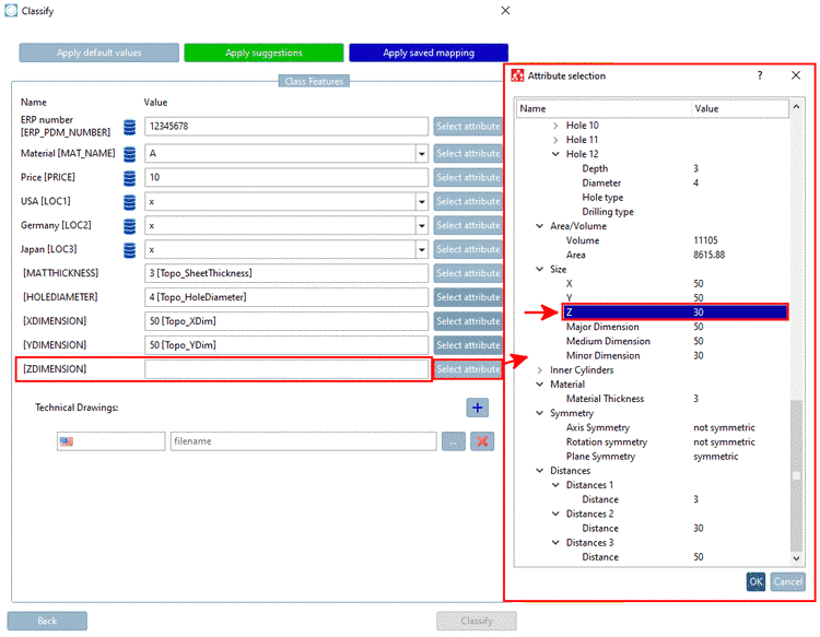 The figure exemplarily shows the assignment of the "Z" attribute in category "Size".