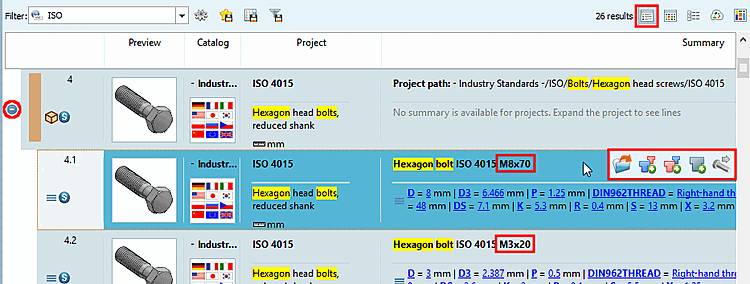 Les caractéristiques sont affichées sous la famille de pièces.