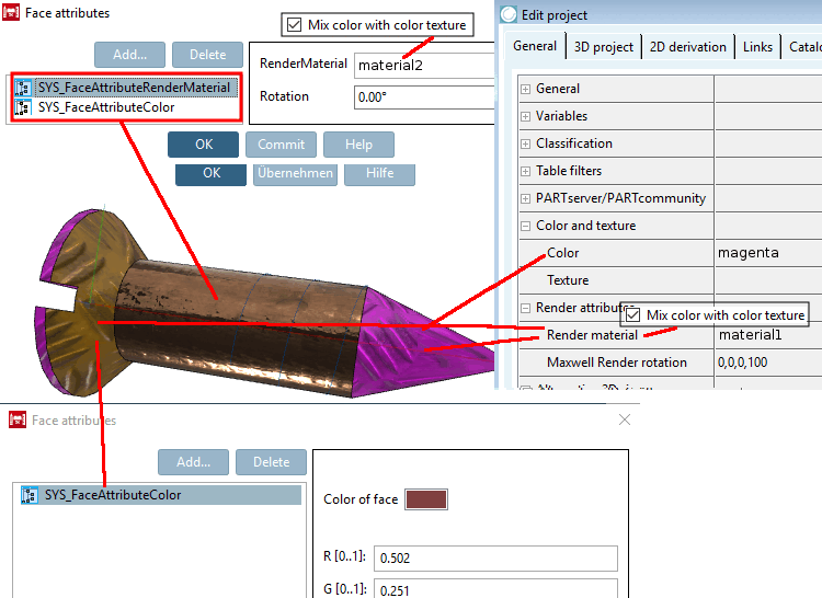 Exemple complexe : Pour les deux matériaux utilisés, l'option "Mélanger la couleur avec la texture de couleur [Mix color with color texture]" est activée dans la boîte de dialogue "Editer le matériau pour l'aperçu 3D [Edit material for 3D preview]".