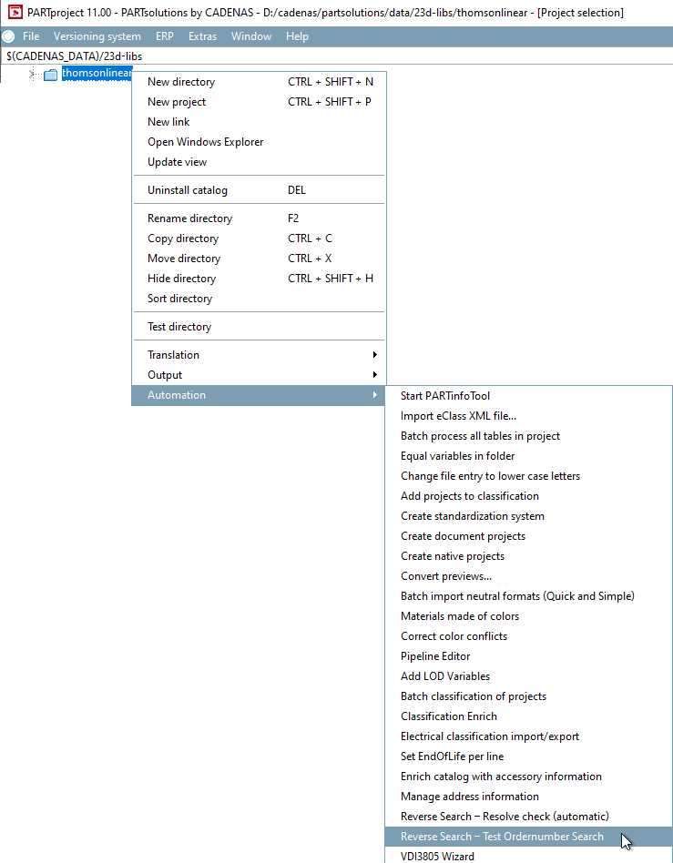 Commande de menu contextuel "Reverse Search - Tester la recherche de numéros de commande [Reverse Search – Test Order Number Search]".