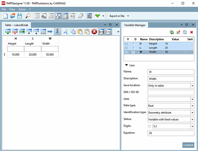 Variables H, L et W créées