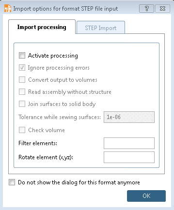 Options d'importation pour le format STEP file input