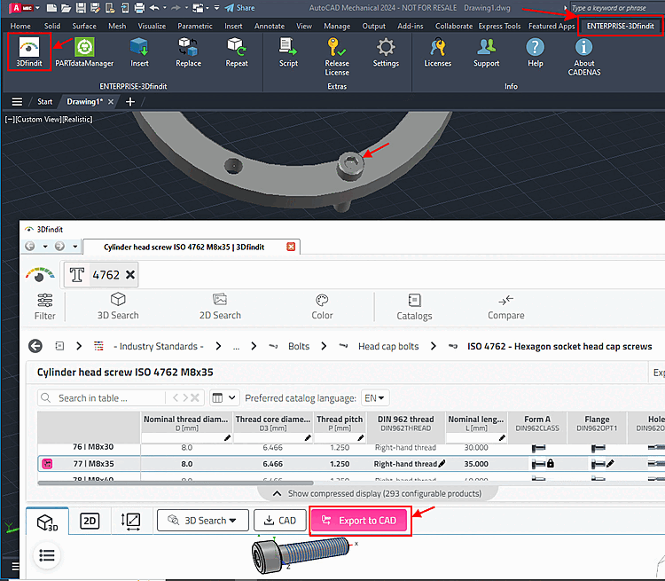 Appeler 3Dfindit via l'option de menu "ENTERPRISE-3Dfindit" -> sous-option "3Dfindit" et exporter la pièce dans la CAO