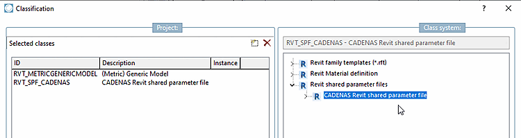 Classe "Fichier de paramètres partagés CADENAS Revit