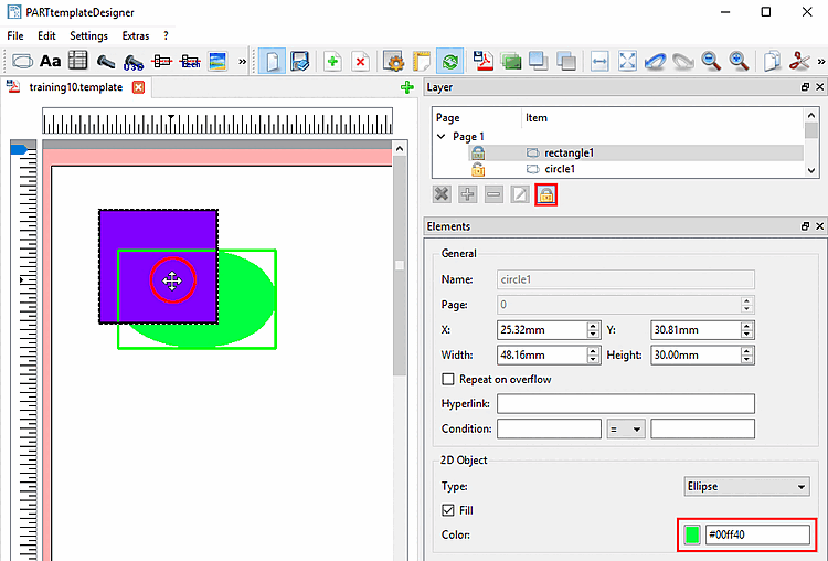 Ici, le rectangle vert1 est bloqué. Si le curseur est placé dessus, le rectangle bleu situé derrière2 réagit (reconnaissable au cadre de marquage vert clair).
