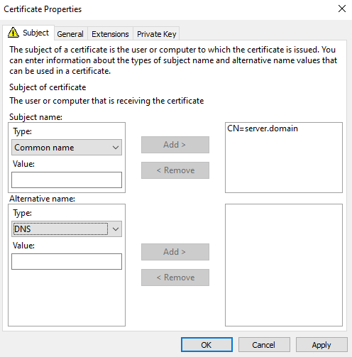 Propriétés du certificat > Demandeur