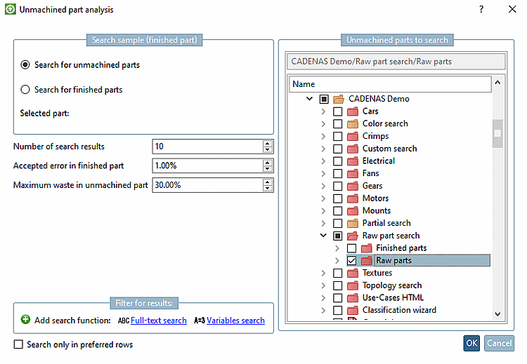 Rechercher des pièces finies pour l'ébauche [Search finished parts for unmachined part]