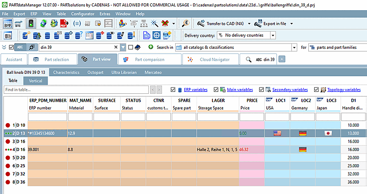 PARTdataManager - Vue des pièces
