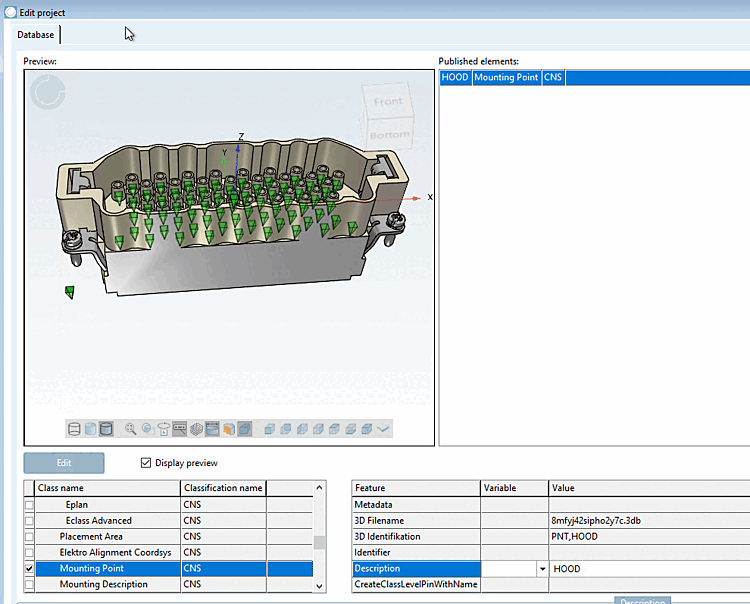 L'illustration montre, à titre d'exemple, la valeur "HOOD" pour la caractéristique "Description". En principe, le nom peut être choisi librement, mais veillez à ce que les noms soient judicieux.