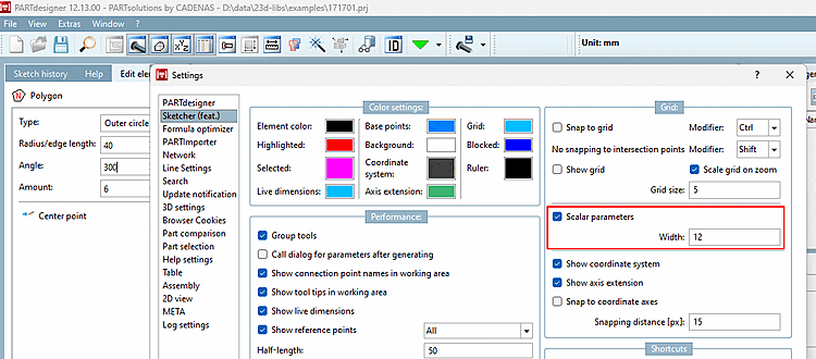 PARTdesigner > Menu « Outils » > Paramètres > Sketcher (hist.) [Sketcher (feat.)] > Paramètres scalaires [Scalar parameters]