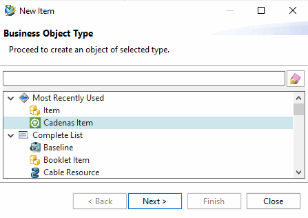 Teamcenter > Menu "File" > New > Item... > Cadenas Item