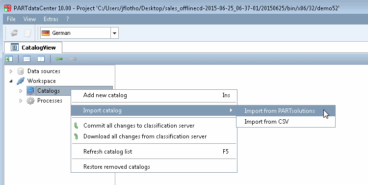 Importer le catalogue [Import catalog] -> Importer PARTsolutions [Import from PARTsolutions]
