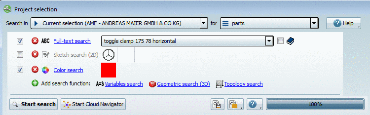 Example: Full-text search and Color Search are added and activated in the list of search functions, thus are used at the next search run. The Sketch search (2D) is added, but deactivated. All other methods are not added.
