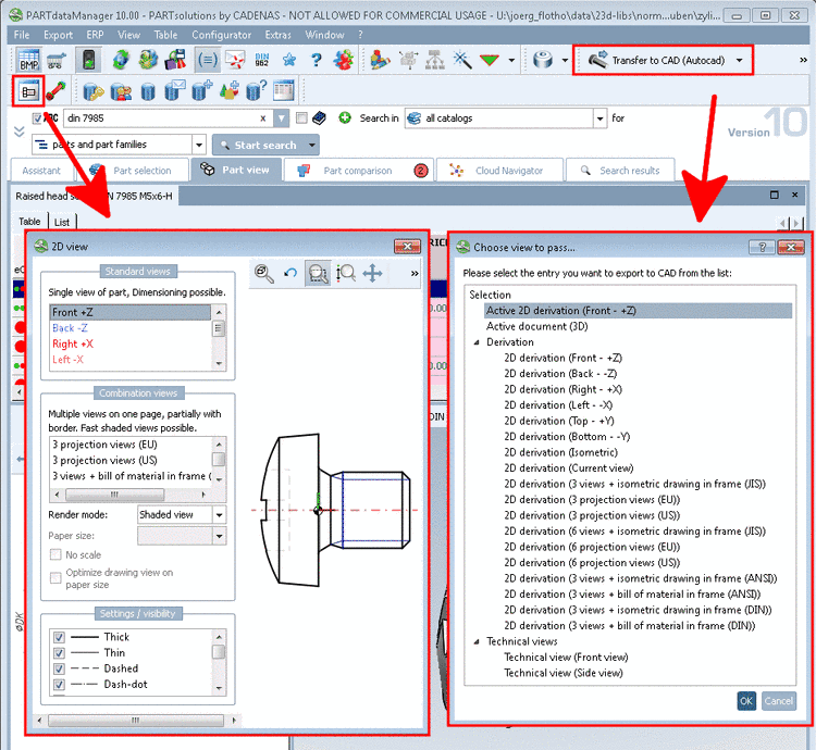 Dialog boxes "2D view" and "Choose view to pass..."