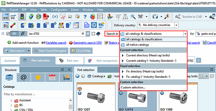 Cerca in. [Search in...]..: Nel campo dell'elenco ampliato sono disponibili varie opzioni. La directory indicata tra parentesi per alcune opzioni corrisponde alla directory attualmente selezionata nell'albero delle directory.