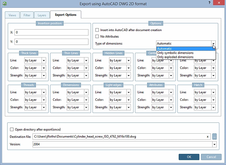 Pagina della scheda "Opzioni di esportazione [Export options]" - AutoCAD DWG 2D