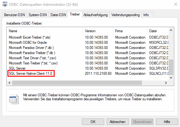 Esempio: "SQL Server Native Client 11.0".