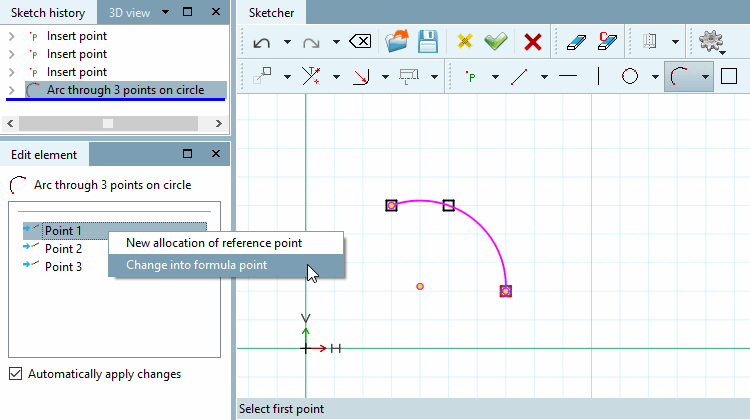 Arco su 3 punti della circonferenza [Arc through 3 points on circle] -> Convertire in formula punto [Change into formula point]