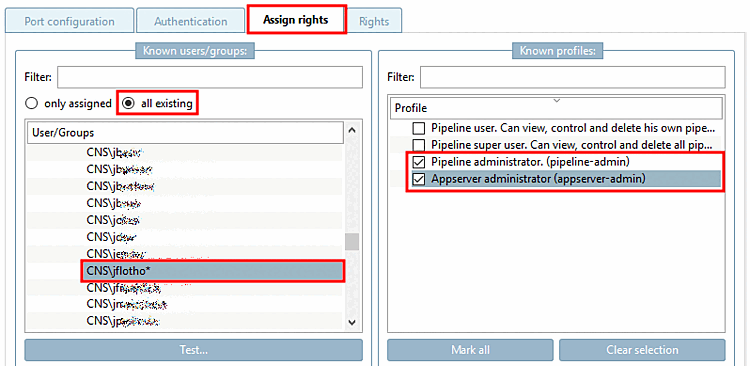 Pagina della scheda "Assegnazione dei diritti [Assign rights]"(tutti disponibili [all existing] )