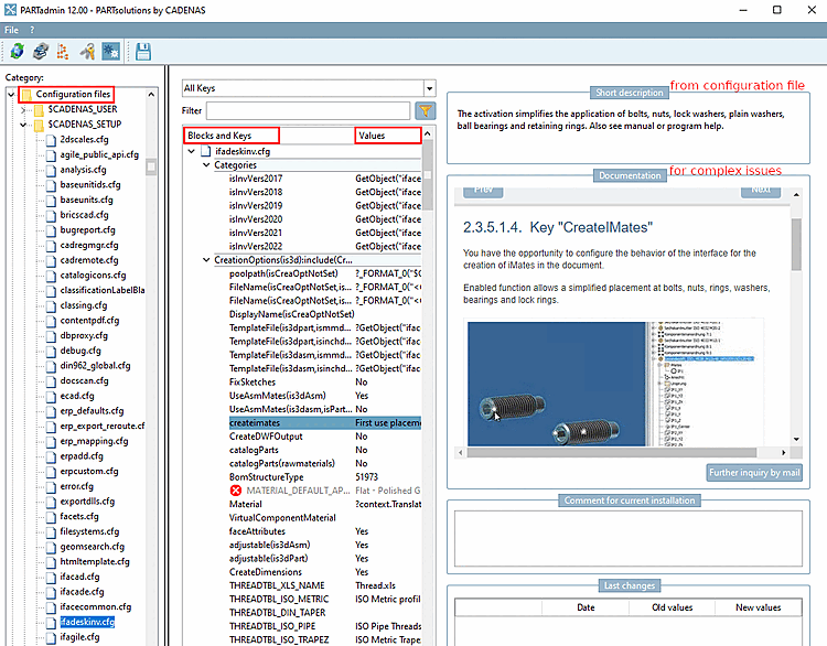 L'illustrazione mostra la categoria [Category] "File di configurazione [Configuration files]" con il file di configurazione selezionato sotto "CADENAS_SETUP".