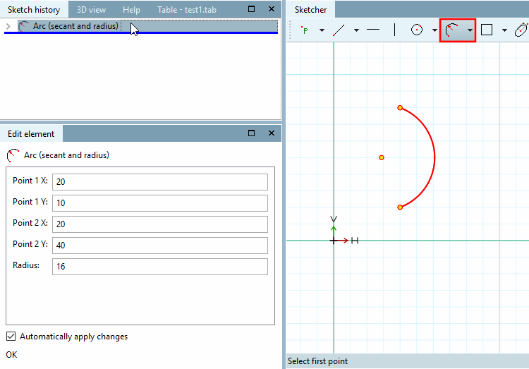 Arco su secante e raggio [Arc (secant and radius)]: regolare i parametri