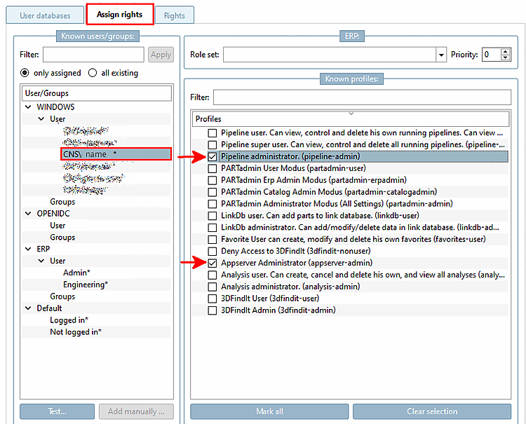 Pagina della scheda "Assegnazione dei diritti [Assign rights]"(tutti disponibili [all existing] )
