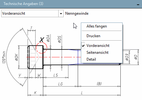 Menu contestuale: Singola parte [Single part] - Dati tecnici [Technical details]