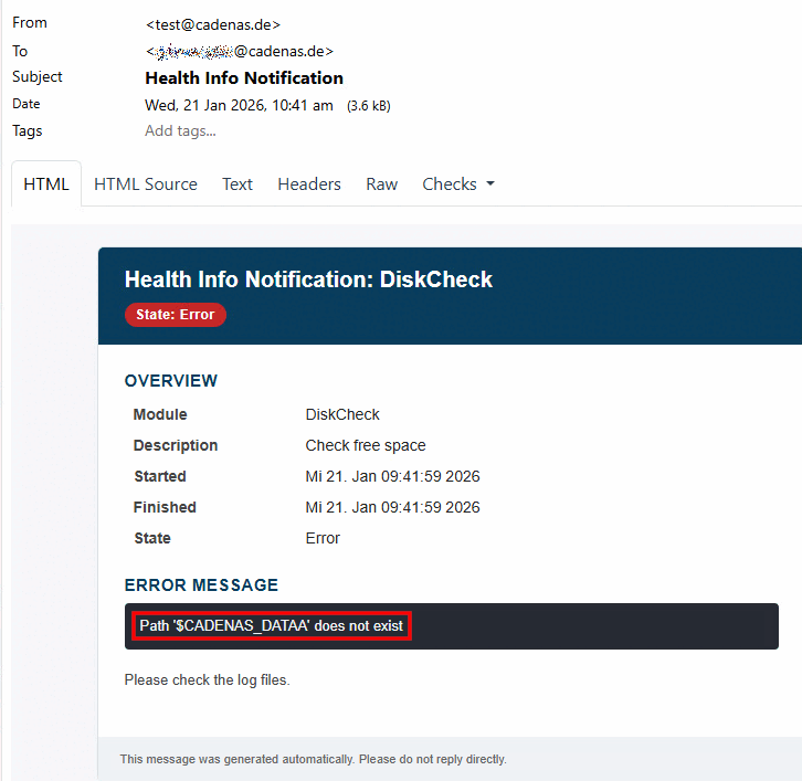 Esempio per "DiskCheck": Notifica di informazioni sulla salute: DiskCheck -> Errore
