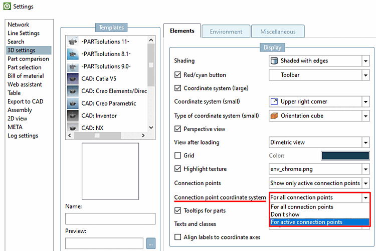 Impostazione "Sistema di coordinate del punto di attacco [Connection point coordinate system]
