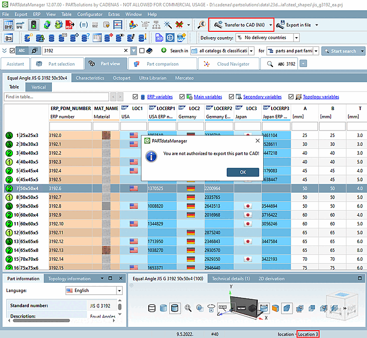 La riga 7 non può essere esportata. Viene visualizzato un messaggio corrispondente.